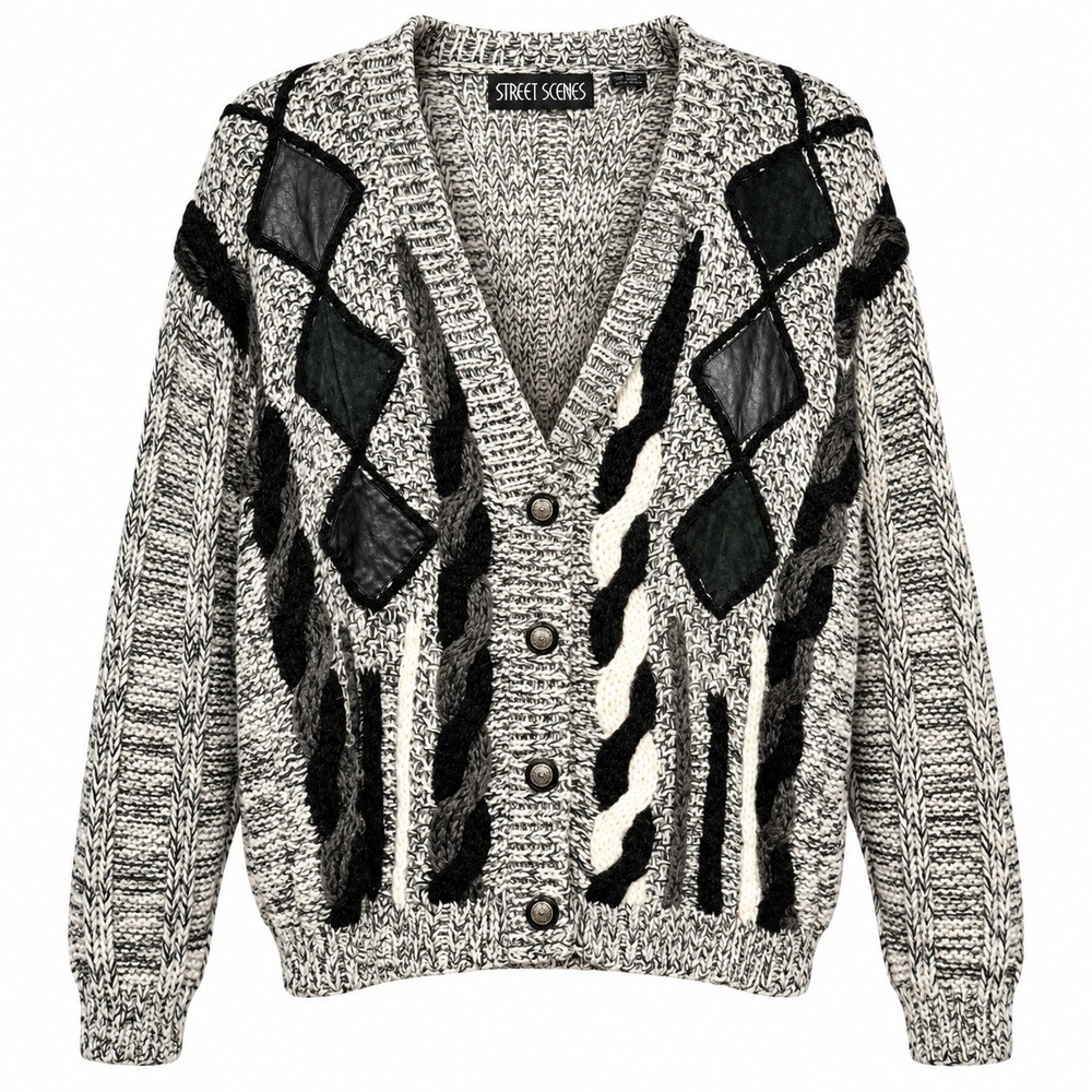 Street Scenes Grandpacore Cardigan Men Large Coogi 3D Knit Leather Patch Retro